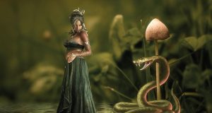斗破苍穹年番美杜莎女王，紫发女王气场强大，蛇族图腾环绕，眼神冷峻中带着一丝复杂情感